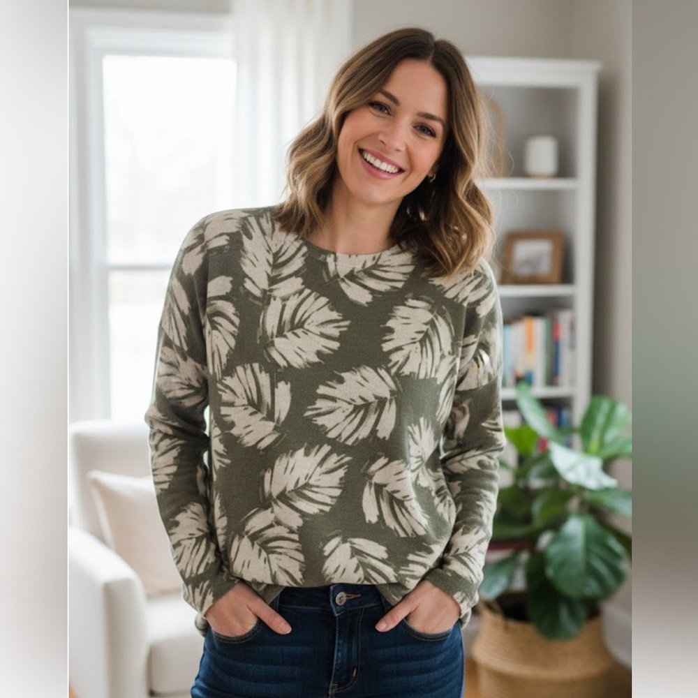 J Jill Womens linen XL‎ Palm Leaf Printed Sweater Pullover